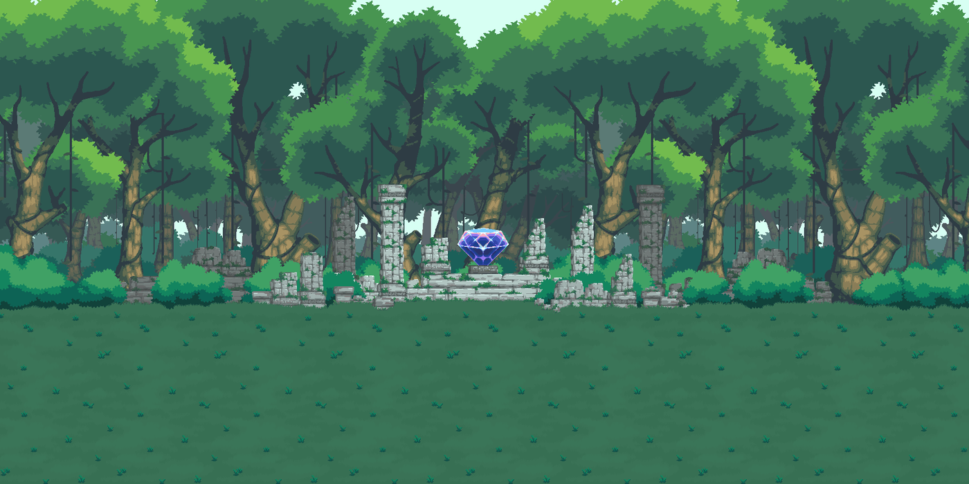The Secret Forest: old trees around a ruined stone shrine, with the glowing Crystal of Time on a pedestal at its centre