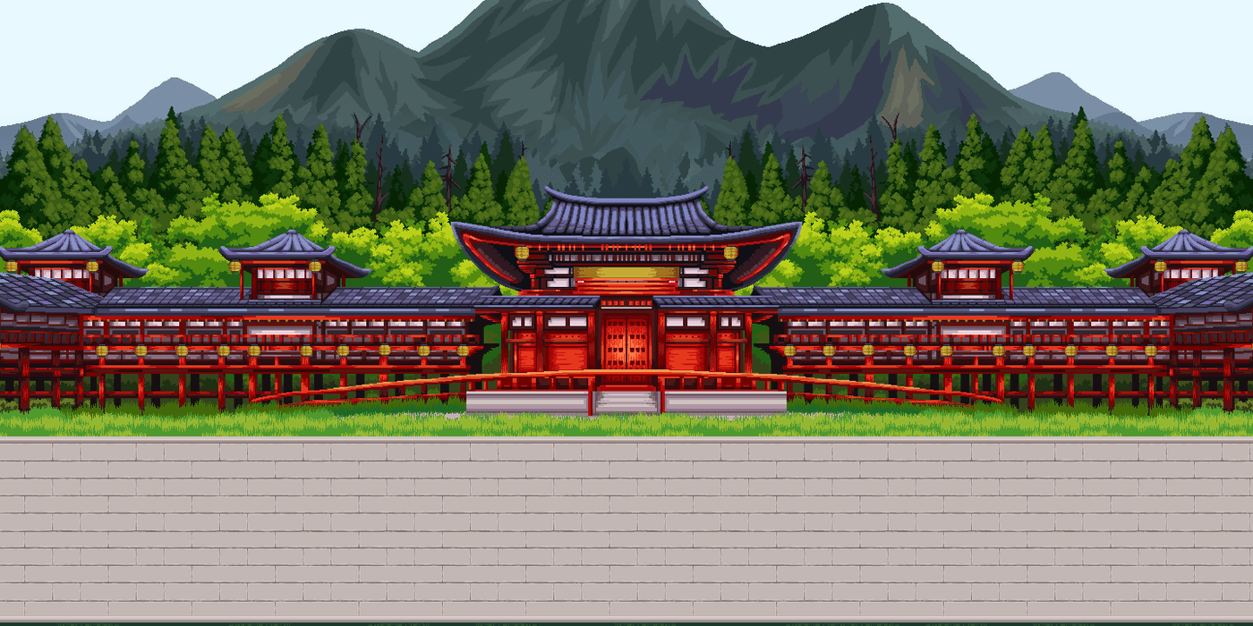 The Tournament Grounds: a red and gold temple with lanterns, pine forest and mountains behind it, and a stone floor in front