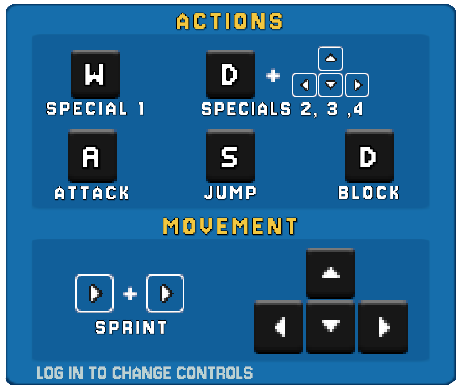 Game controls: arrow keys move, double-tap to sprint; A attack, S jump, D block, W special 1, D plus a direction for specials 2 to 4